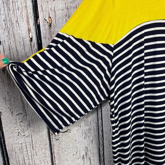 Fig & Olive Plus Size 3X Roll Tab Sleeve Top Navy Blue White Stripe Yellow Shirt - Picture 3 of 13